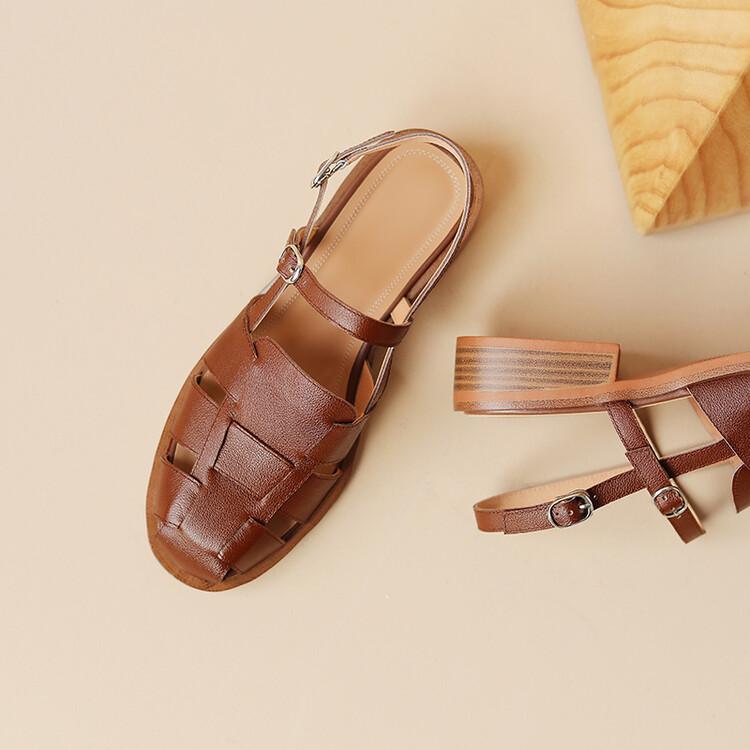 Fashion 2025 Summer Sandals Cowhide Round Toe Women Sandals Chunky Heel Women Shoes Cover Toe Shoes for Women Hollow Out Roman Shoes