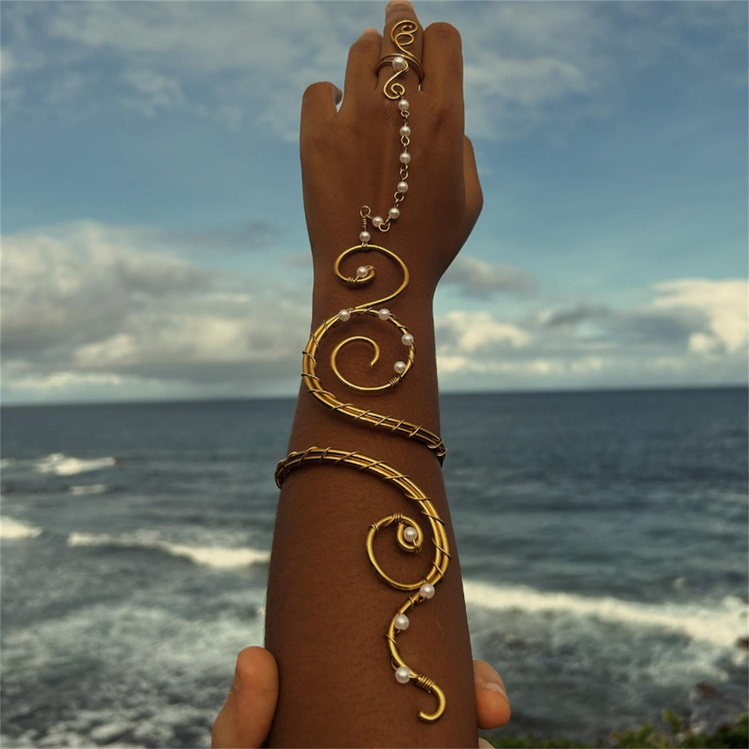 Bohemian Spiral Arm Bracelet With Pearl Finger Ring Wire Wrapped Hand Harness Connected Ring Bracelets for Women Beach Jewelry