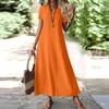 Women's Fashion V-Neck Short Sleeve Solid Color Zipper Casual Vacation Long Dress Cotton Linen Dresses