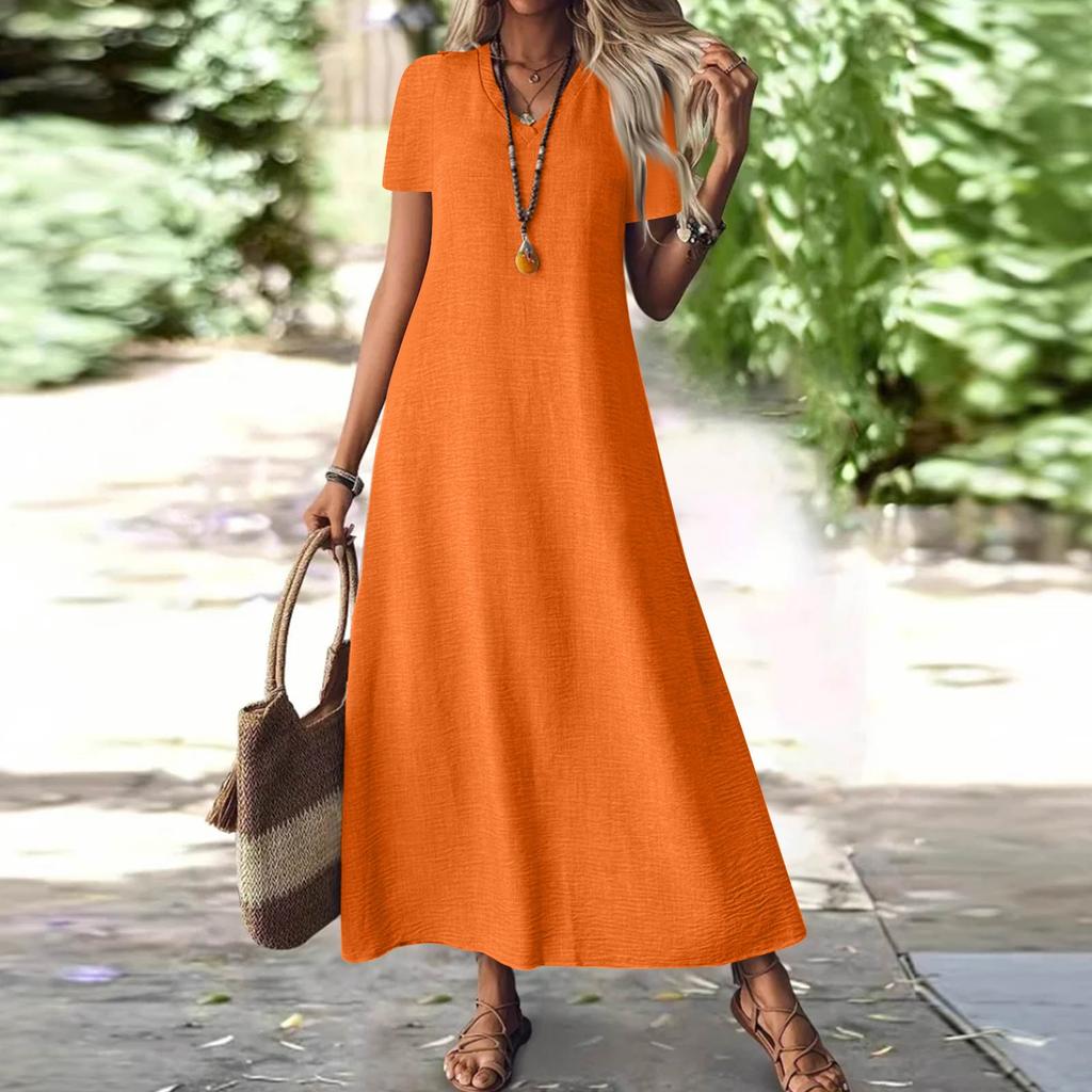 Women's Fashion V-Neck Short Sleeve Solid Color Zipper Casual Vacation Long Dress Cotton Linen Dresses