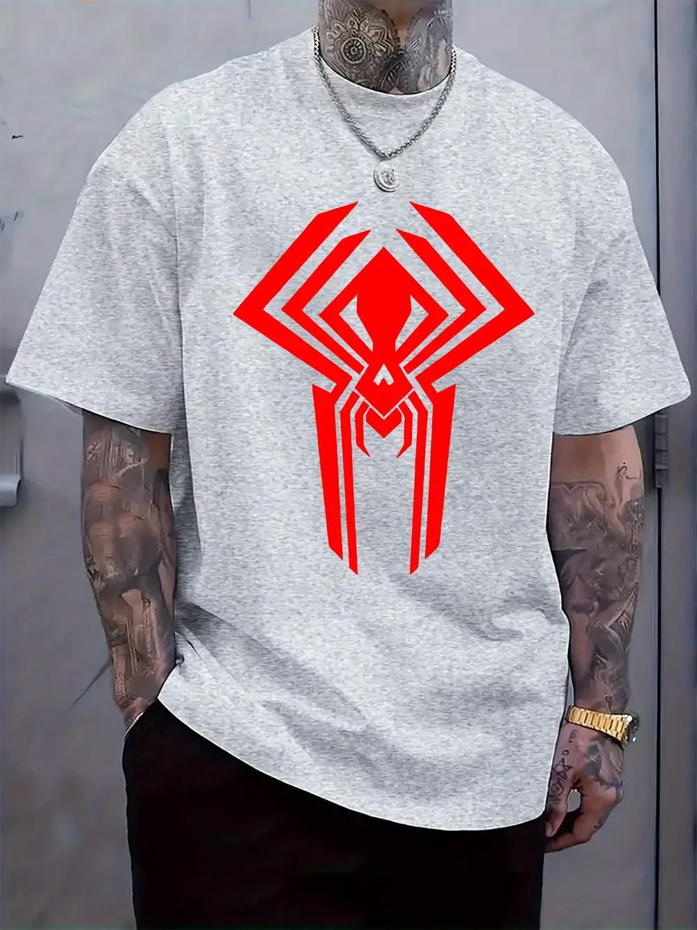 Red Spider Web Graphic T-shirt - Casual Crew Neck Short Sleeve Tee with Spider Design XL