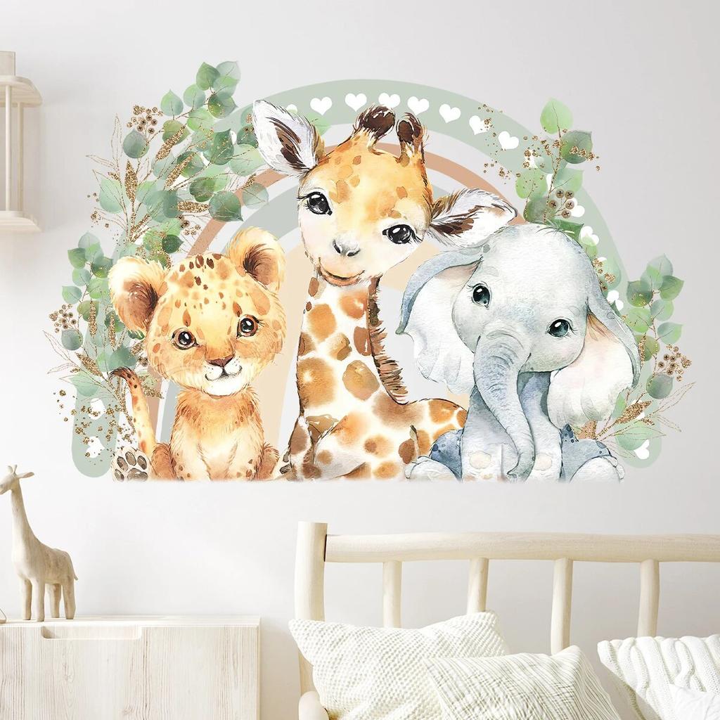 Cartoon Cute Smiling Face Lion Giraffe Elephant Leaf Rainbow Wall Sticker for Kids Room Bedroom Home Decoration Wall Decor