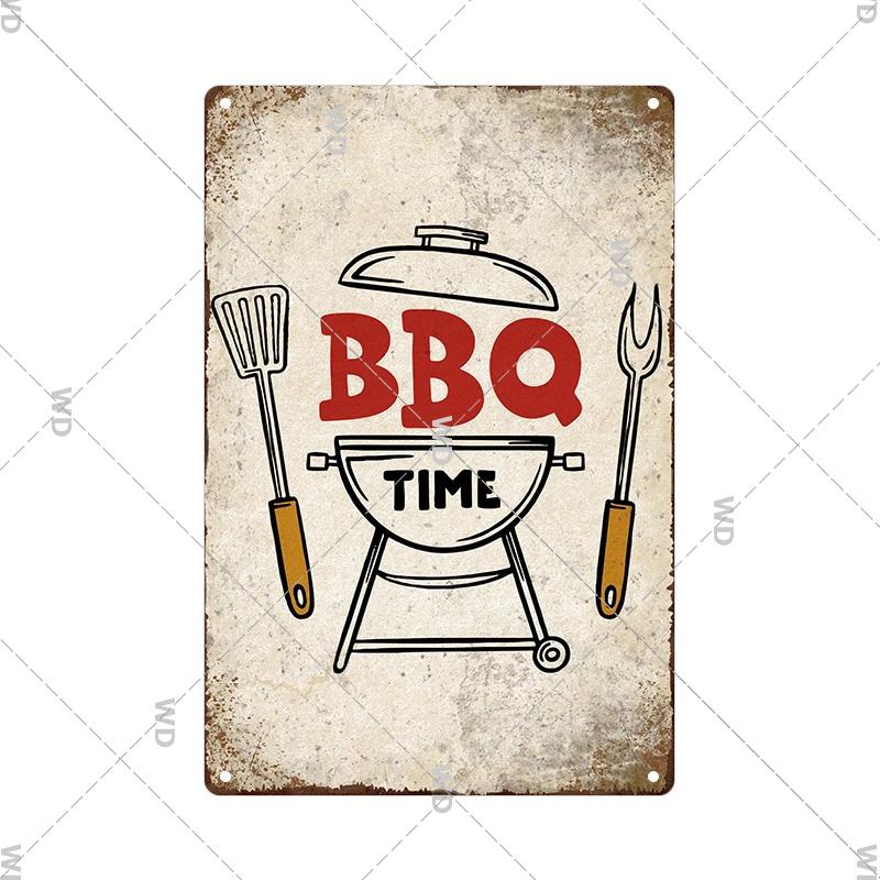 Dad's BBQ Party Metal Tin Plaque Retro Tin Signs Barbecue Rules Slogan Plate Vintage Grill Poster Yard Garden Kitchen Wall Decor