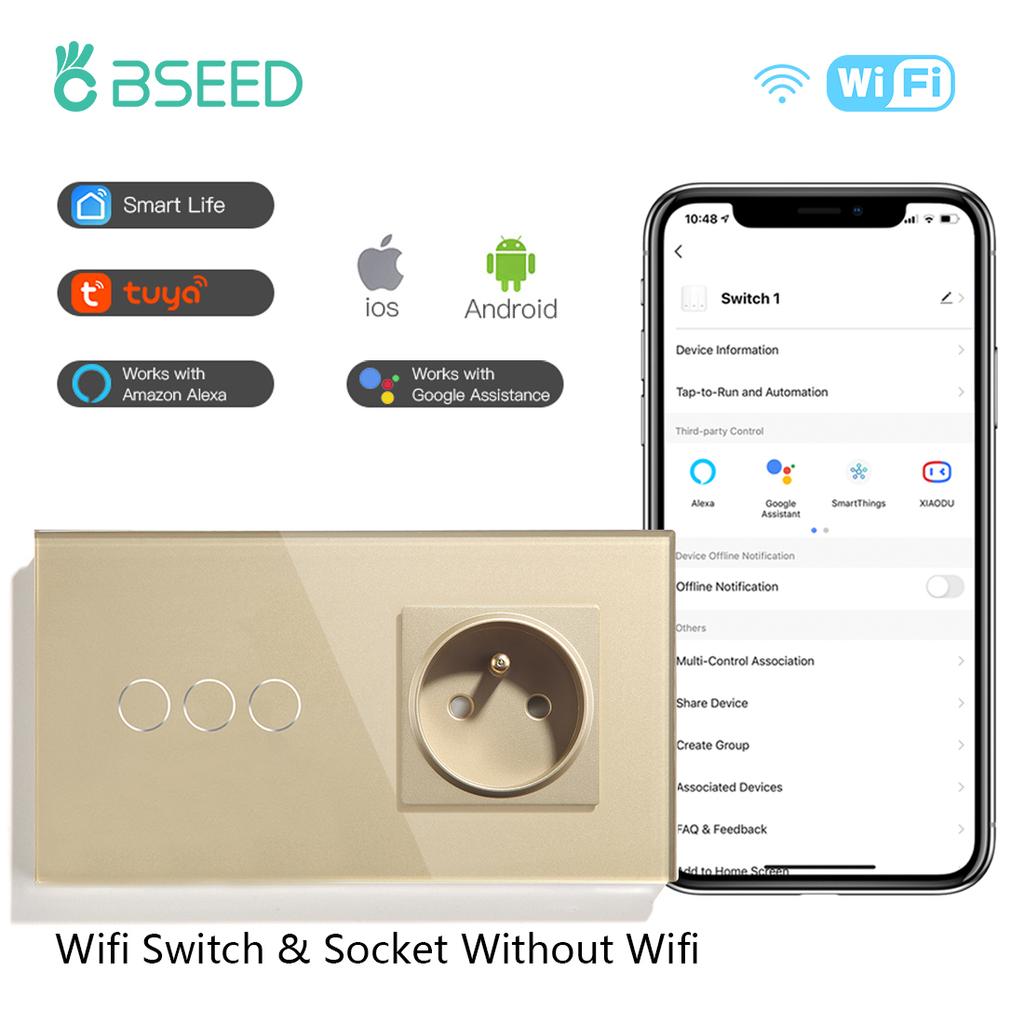 BSEED WLAN Touchschalter 1/2/3fach mit normaler FR-Steckdose Glasplatte Smart Wandschalter für Licht Tuya APP Steuerung Blaue Hintergrundbeleuchtung