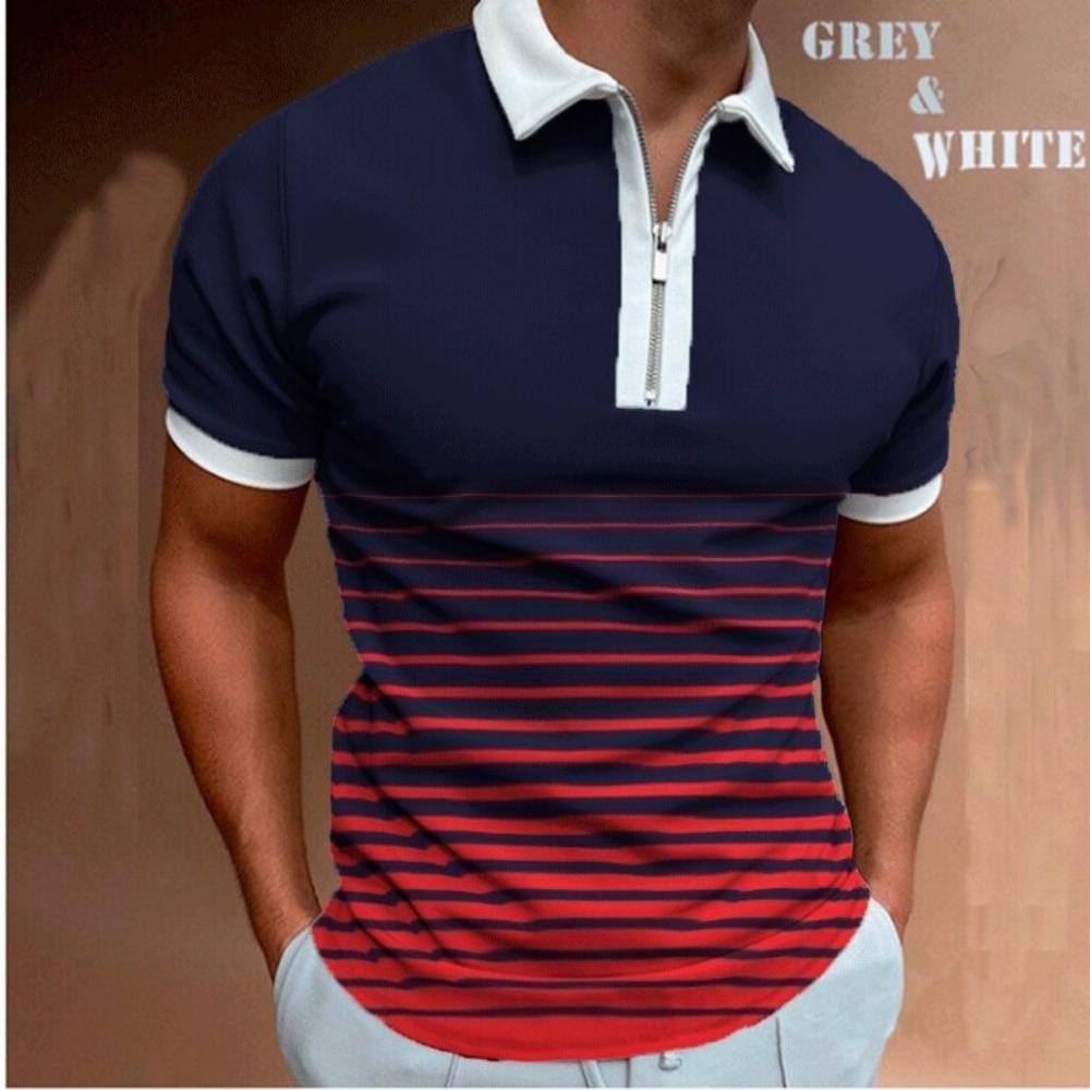 

Полосатая градиентная рубашка поло на молнии, повседневная мужская одежда с короткими рукавами, универсальная футболка поло на каждый день 2025 5XL