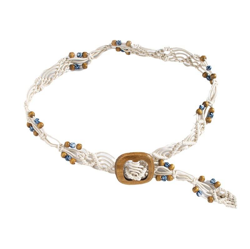 Bohemian Wax Rope Woven Ethnic Style Handcrafted Wooden Bead Women's Waist Belt, Casual Vacation Style Exquisite Square Wood Buckle Waist Rope