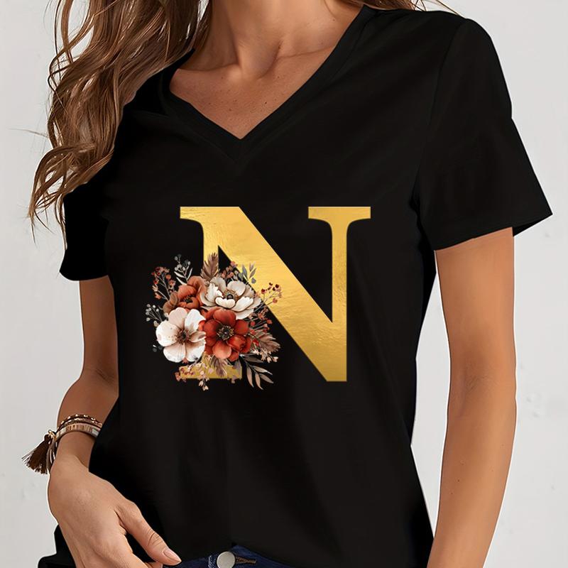 Vintage Flower Alphabet Graphic T Shirts Women Alphabet Rose Gold Essential Women Clothing Gift for Alphabet Floral Lover Tshirt