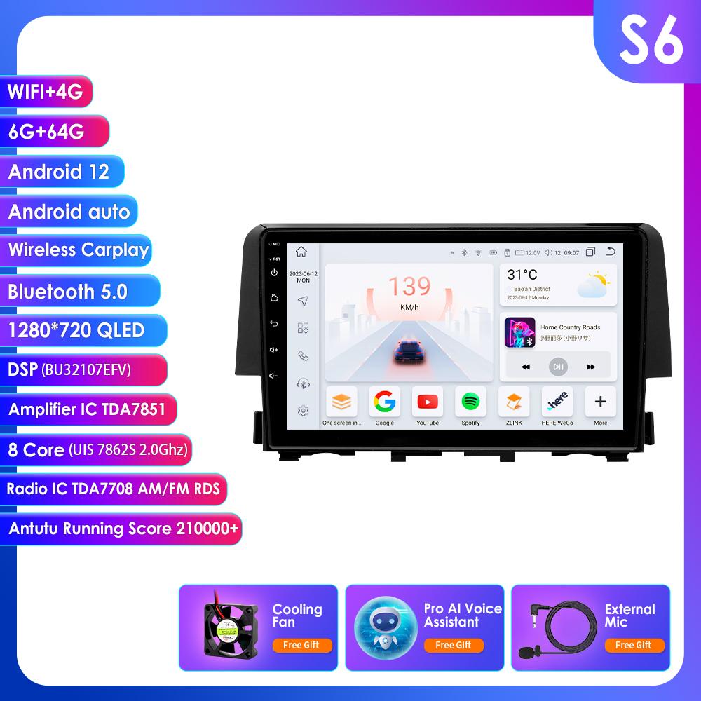 

Hizpo Интеллектуальное 7862 Авторадио Android 14 Carplay Автомагнитола Радио для Honda Civic 2016 2017 2018 Мультимедийный плеер Навигация GPS 2Din 4G Аудио S6 8Core 6G 64G AI