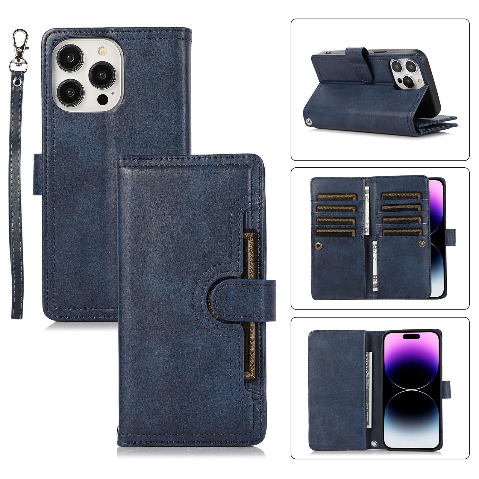 

For iPhone 16 Pro Max Case Split Leather Magnetic Wallet Phone Protector with Wrist Strap B