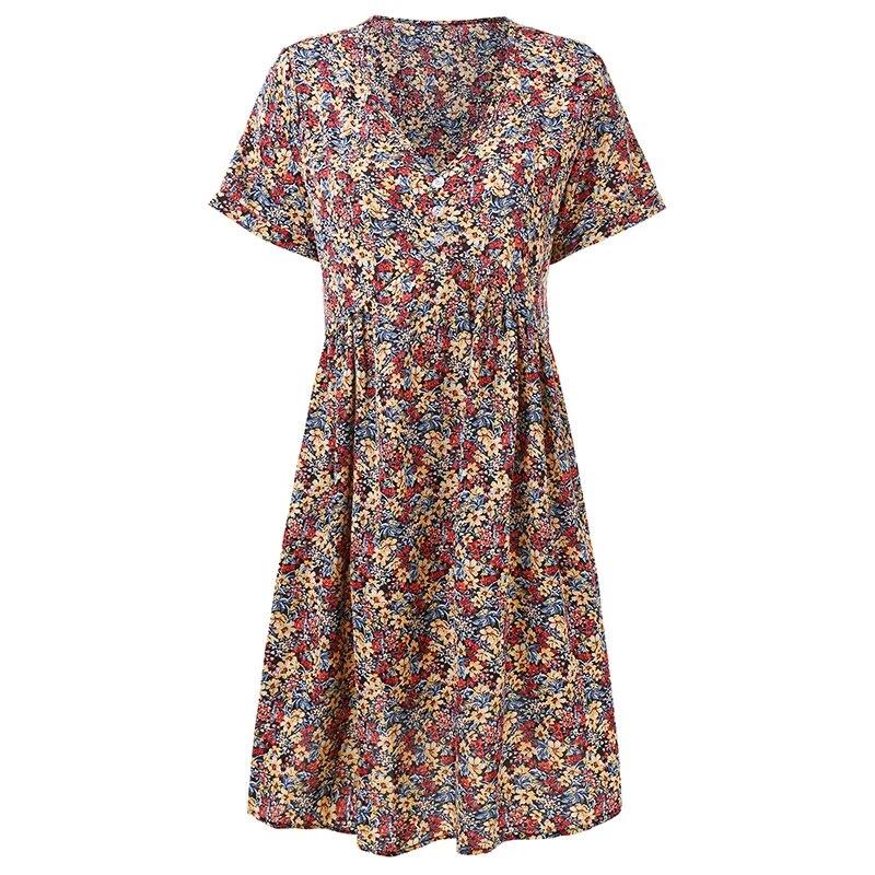 

Жіноча міні-сукня з коротким рукавом і квітковим принтом, вільний крій, літня туніка з V-подібним вирізом, вечірня сукня, струмуюча сукня S