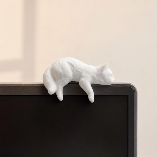 DYS Cute Cat Figurine Computer Monitor Decor, 3D Printed Screen TV Topper, Small Kitten Car Dashboard Ornament for Rearview Mirror, Office Desk