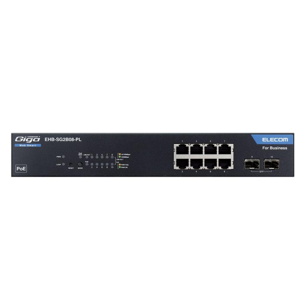 Elecom Přepínací Hub s 8 porty Gigabit PoE, funkce Layer 2, tepelná odolnost 50 stupňů, funkce prevence smyčky 3 roky záruka EHB-SG2B08-PL