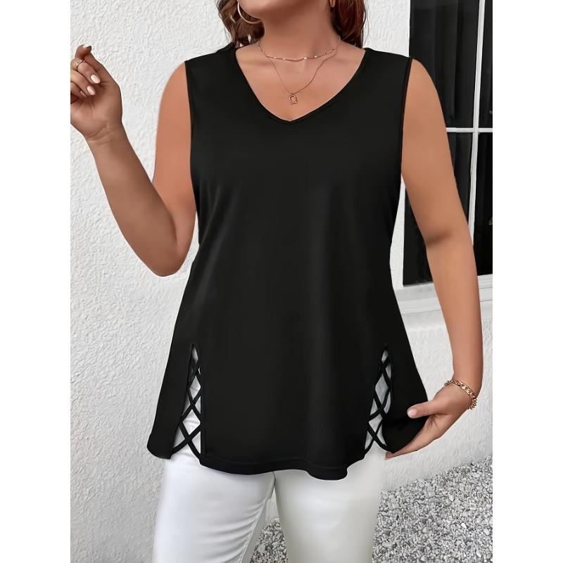 2026 Summer Sleeveless Hollow Blouse Women Large Size V-neck Fashion Vest Cross Casual Slim Fit Tank Top Elegant Loose Casual Women's Clothing