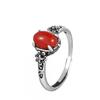 Adjustable Flower Ring Women Men Vintage Ethnic Style Red Agate Jade Oval Floral Statement