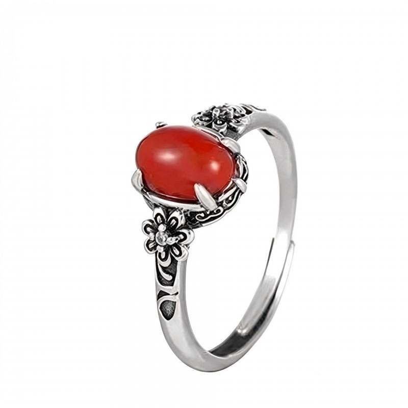 Adjustable Flower Ring Women Men Vintage Ethnic Style Red Agate Jade Oval Floral Statement