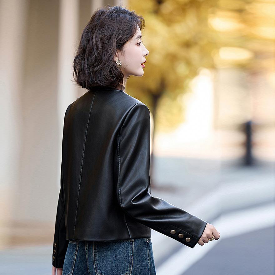 Retro Leather Jacket Short Coat Women's Autumn New Round Neck Loose and Thin Versatile Motorcycle Leather Jacket