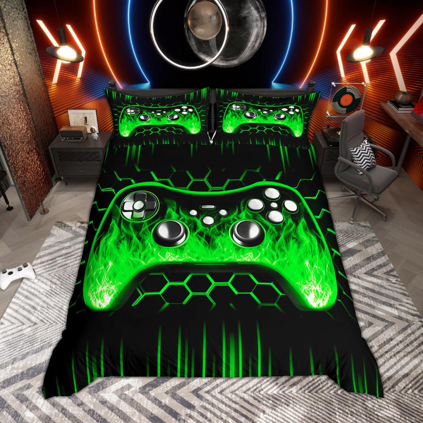 Homewish Pojkar Spelare Gaming Påslakan Set Neonlys Honungskaka Sängkläder Svart Vändbart Täckeöverdrag Set