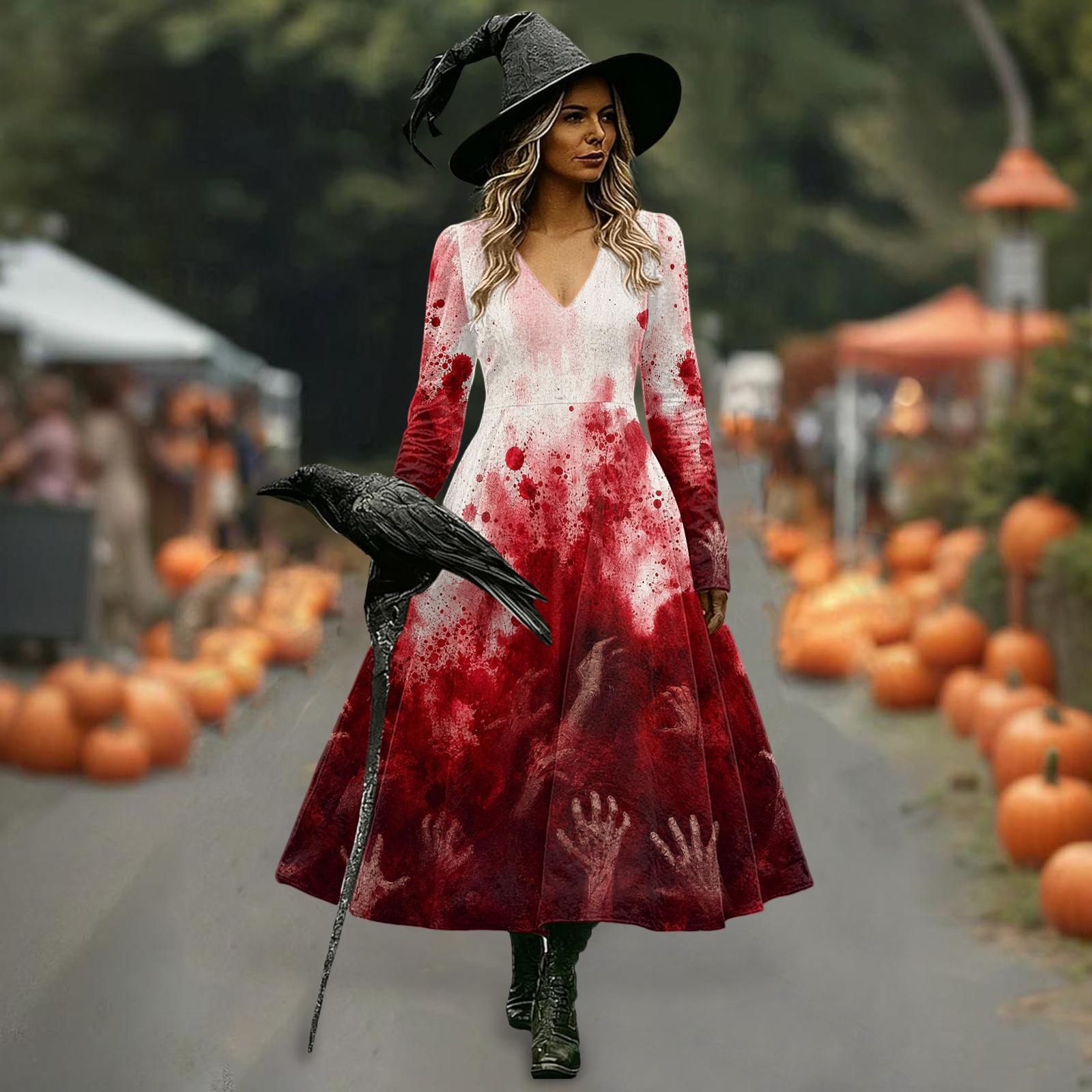Damen bedrucktes Midi-Kleid für Halloween-Party und Kostüm M wassermelone roten