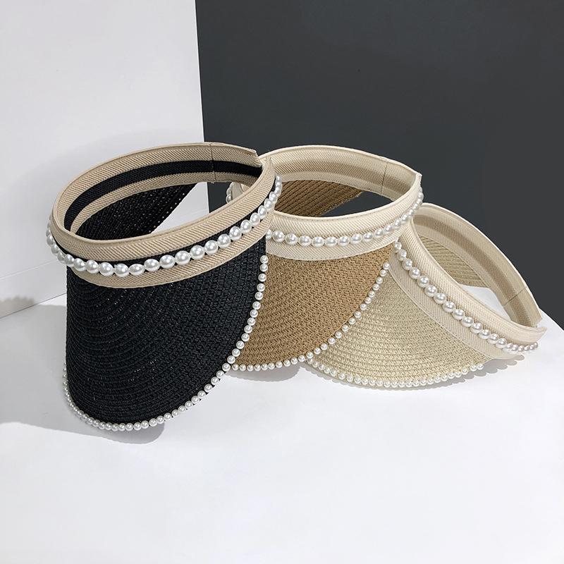 Women'S Summer New Fresh Beach Hat With Pearls Open Top Sun Hat Fashionable Raffia Straw Hat