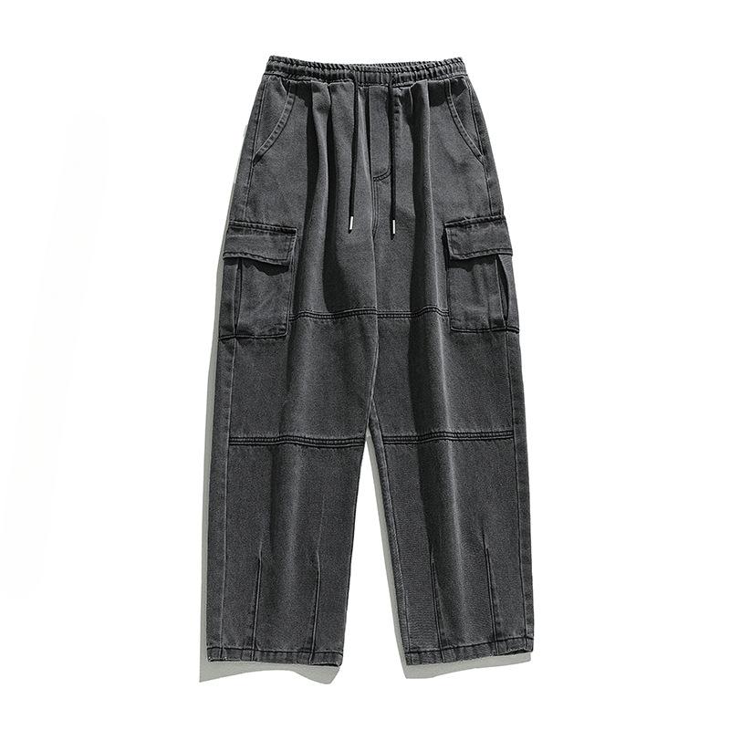 Men's Double Three-dimensional Pocket Jeans Spring Retro Distressed Washed Tooling Trousers Men