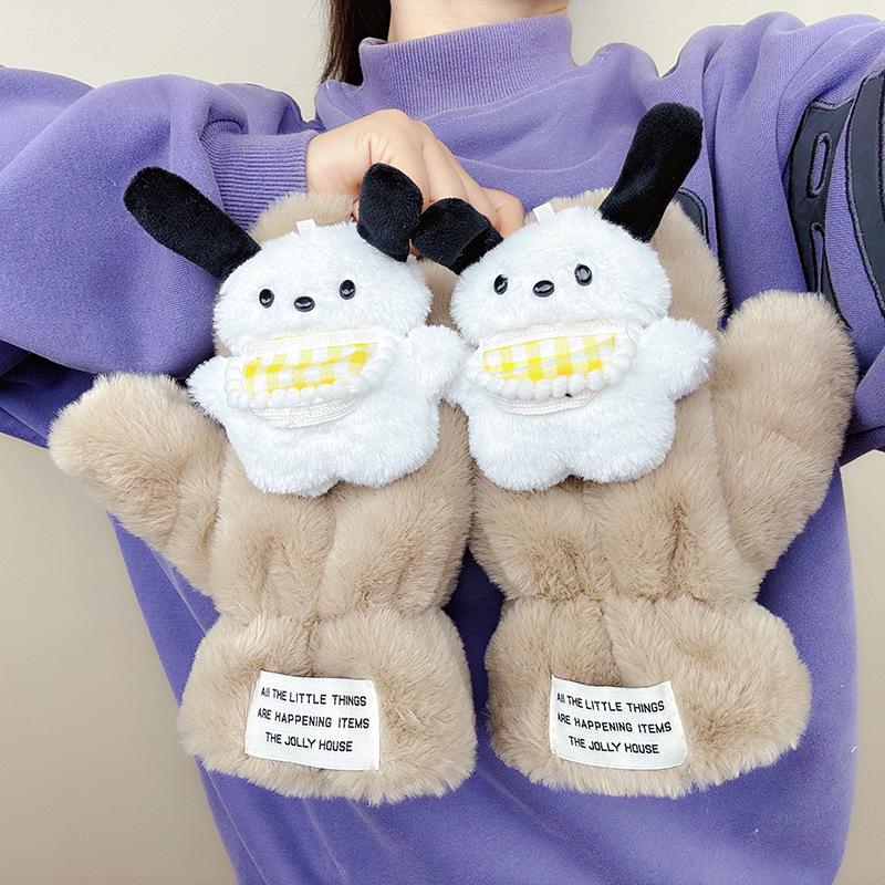 Women’s Cute Pacha Dog Winter Plush Gloves, Warm Velvet, Anti-Cold Outdoor Style for Students.