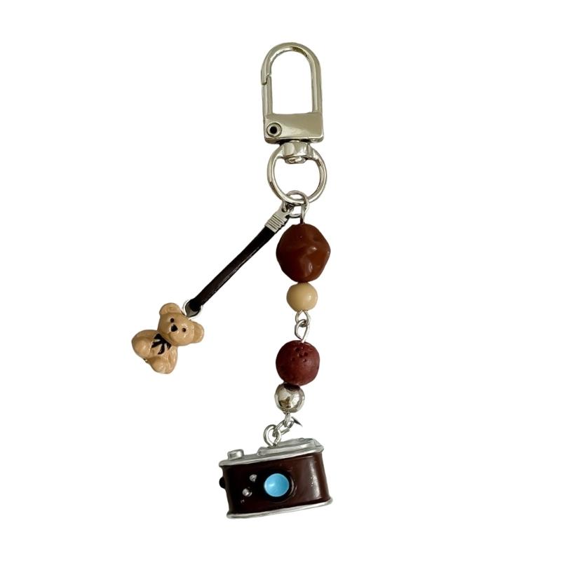 Playful Beaded Camera Bear Phone Lanyard Keyring With Alloy Charm Pendant For Casual Outfits And Gifts