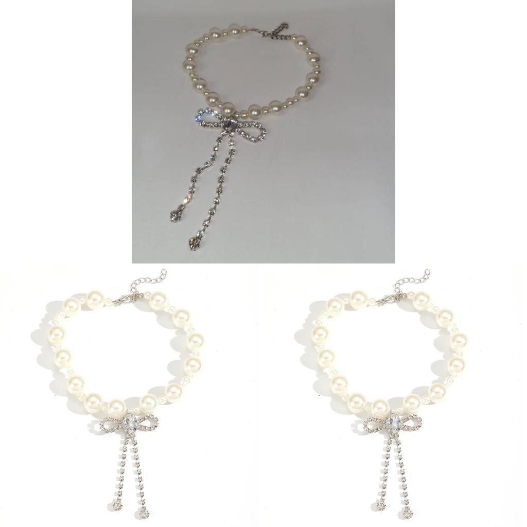 Pearl Choker Necklace For Women With Butterfly Bow Pendant And Silver Plating