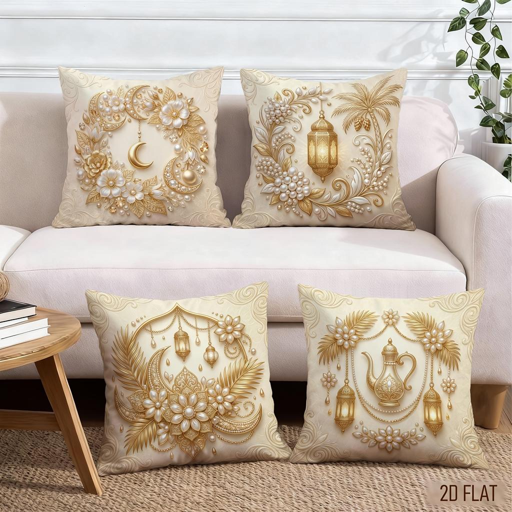 4Pcs Luxury Ramadan Cushion Cover Gold Moon Pearl Flower Lantern Printed Pillow Case Polyester Home Decor Sofa Living Room