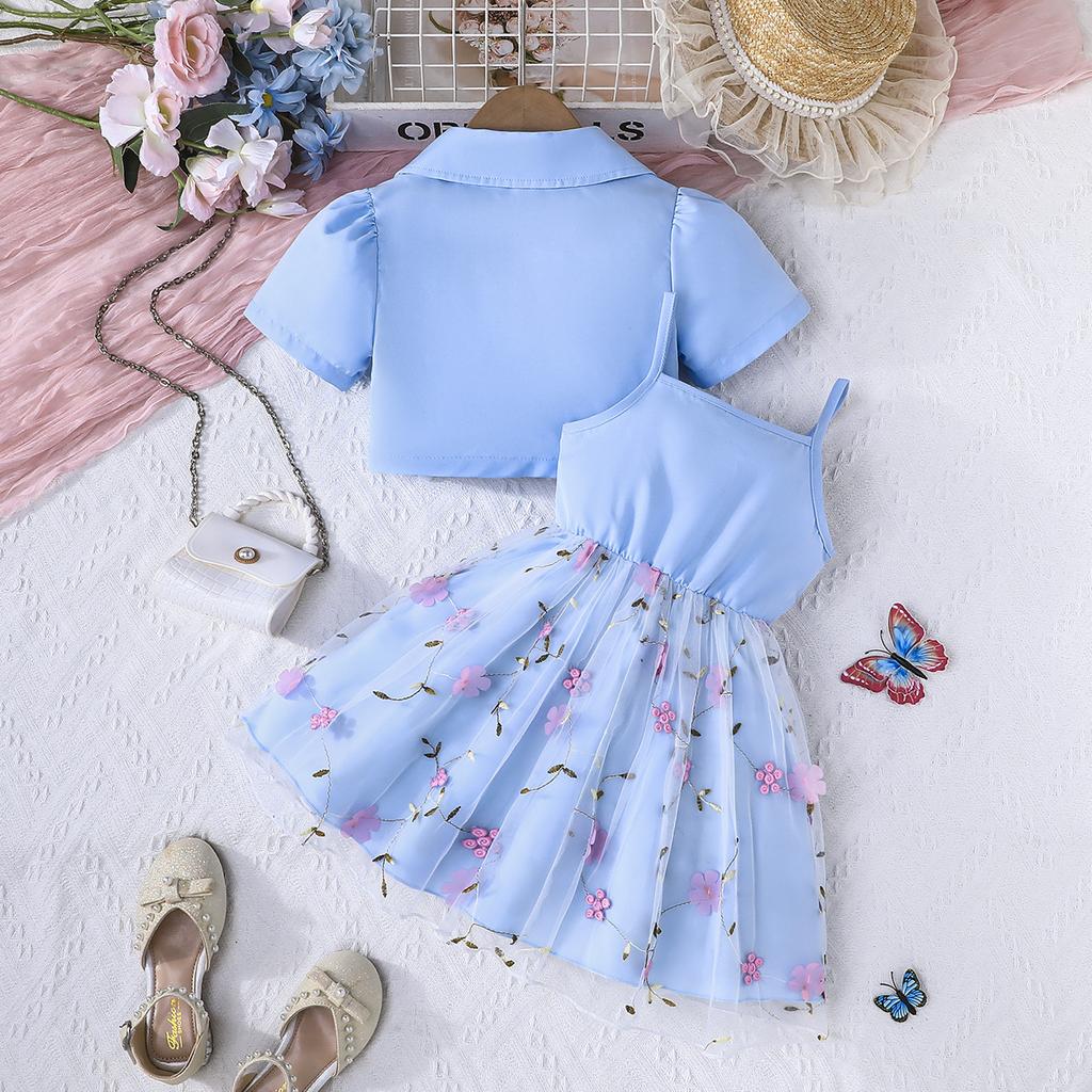 Mädchen Mode Kleid 2025 Sommer Kinder Süße Solide Kurzen Mantel + Floral Stickerei Mesh Slip Kleid Set