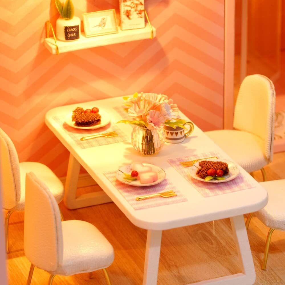 Moin Moin 1/24 Dollhouse Miniature DIY Kit Modern Pink Flower Room with LED Light and Acrylic Case