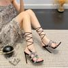 Fashion Luxury Rhinestone Hollow Slide Sandals Women Summer Cross Tied Thin High Heel Roman Sandals Sexy Banquet 42 Plus Size Dress Shoe