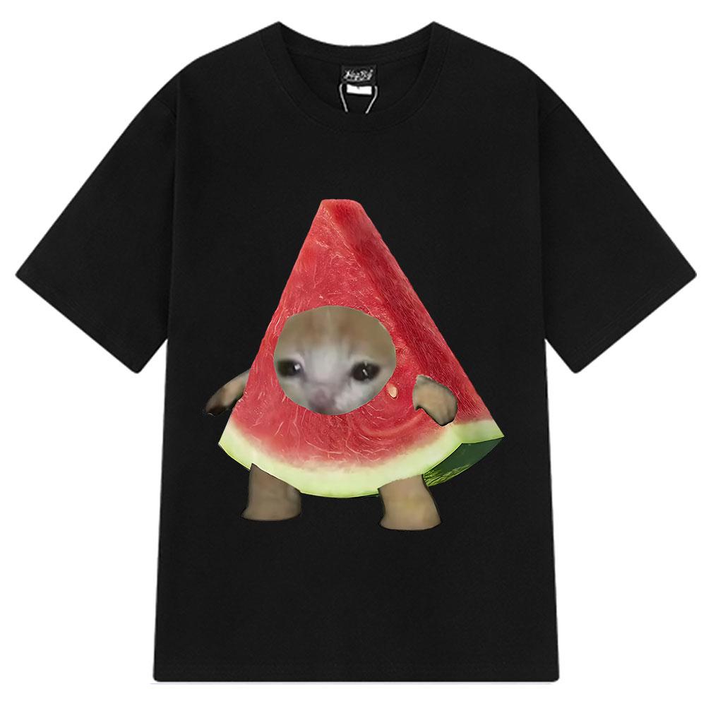 

Funny Watermelon Cat Meme T-shirt Men Women Harajuku Cute Kitten T-shirt Summer Short-sleeved Cotton Casual Oversized T-shirts 3XL