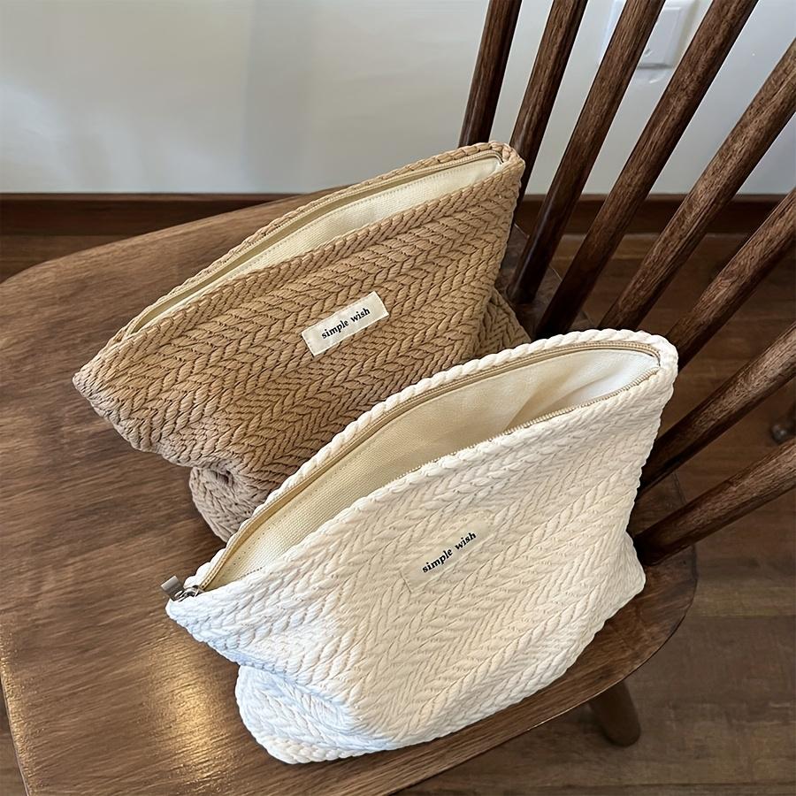 Elegant Wheat Pattern Woven Fabric Handbag-Zippered Makeup Pouch,Compact Square Design for Travel & Daily Use, Storage Accessory