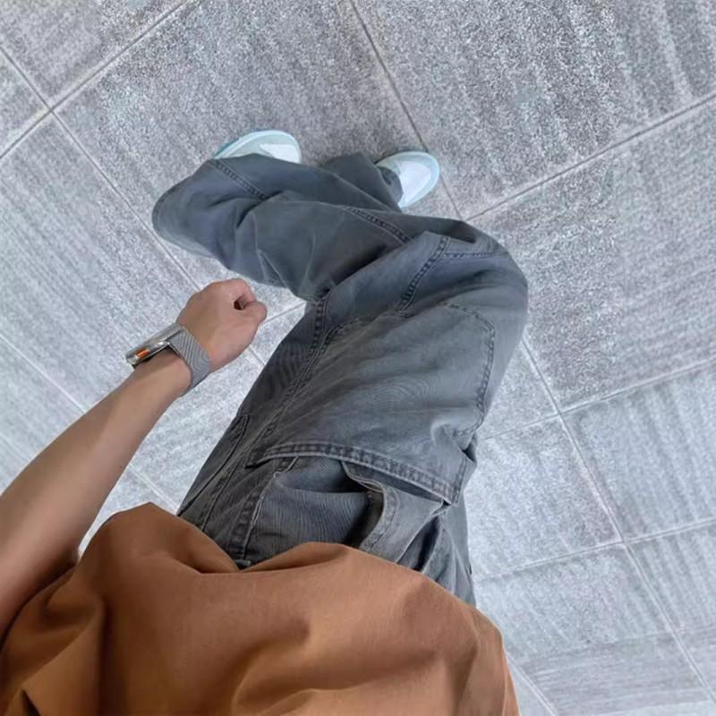 Mens High Street Washed Cargo Pants Straight Leg Loose Fit Casual Trousers