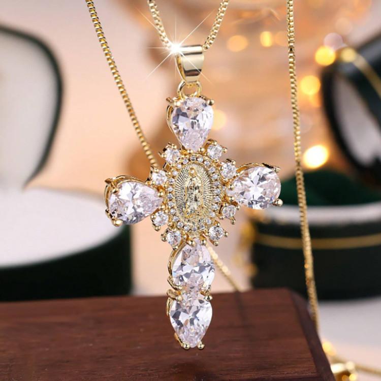 Stunning Full Rhinestone Virgin Mary Cross Necklace For Women With Unique Geometric Design