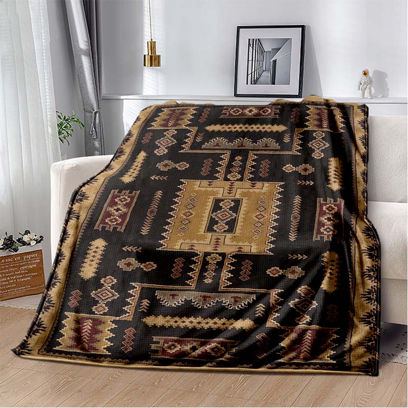 Vintage Kilim Tribal Geometric Print Flannel Blanket, Soft Cozy Throw for Bed Sofa, Ethnic Home Decor