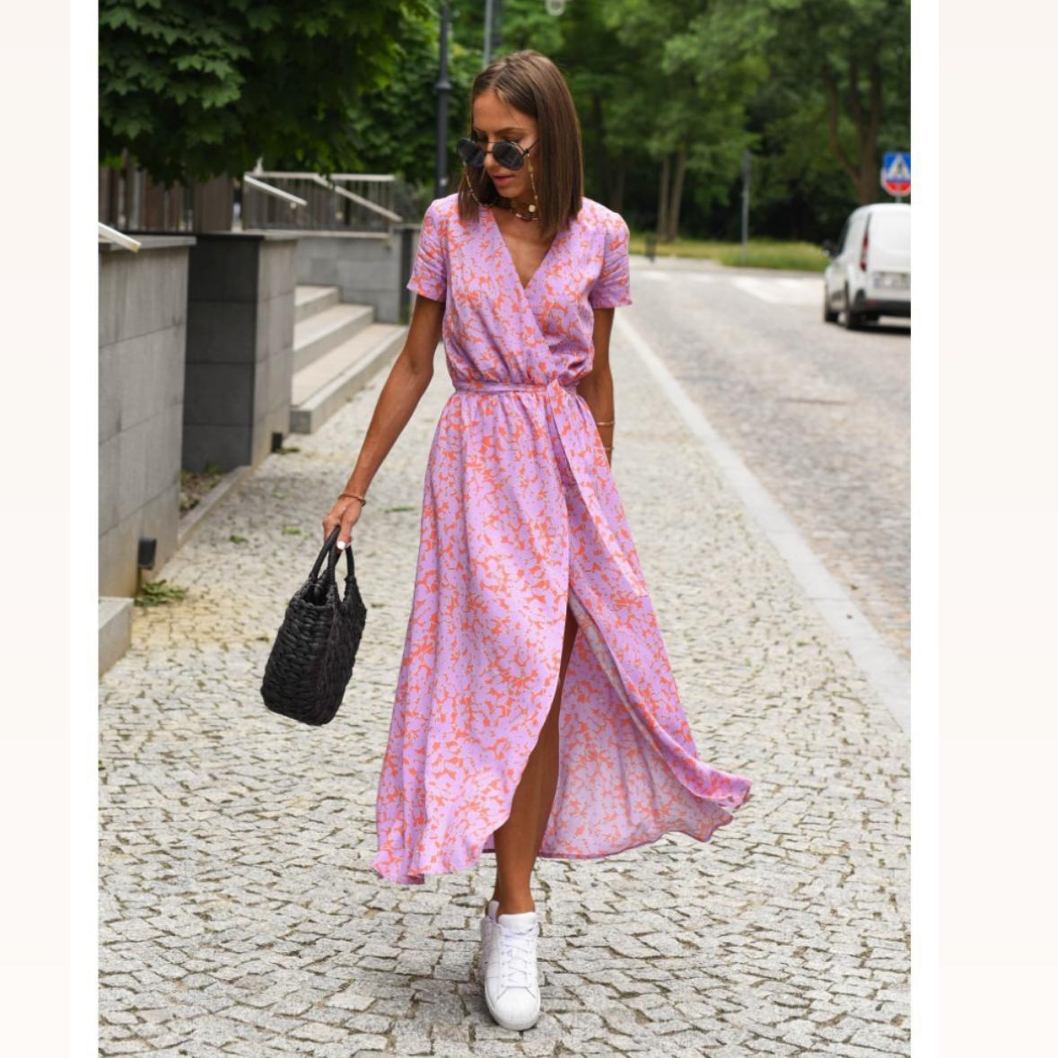 

Женские платья Летние принтованные разрезы V-образный вырез средней длины женские платья L