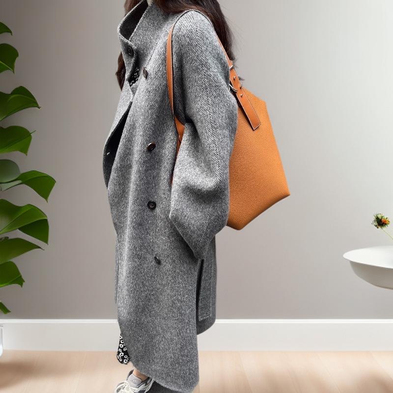 Dámský kašmírový vlněný kabát oboustranný ve stylu korejského stojáčku, jednořadé zapínání, luxusní pro podzim/zimu 2025