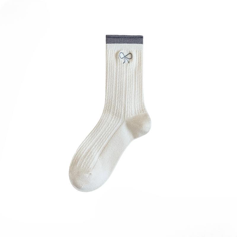 

Женские осенне-зимние вышитые носки-гольфы с бантиком и закрученным краем, сочетающихся цветов, дышащие, впитывающие пот 1 pair