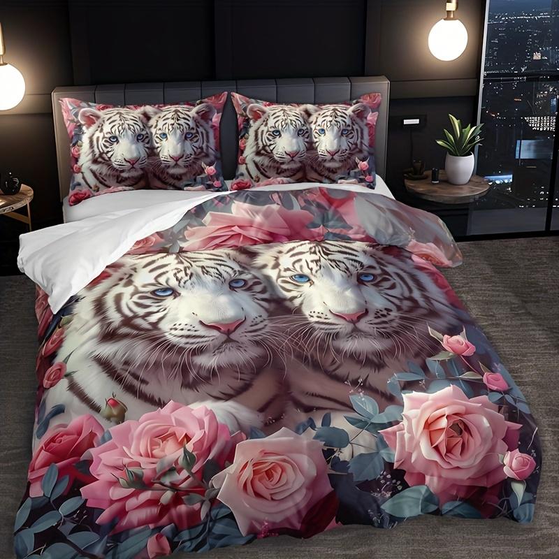Couple Pink Tiger Rose Quilt Cover Set 1 Quilt Cover + 2 Pillowcases Home Four Seasons Dormitory High-Definition Printing