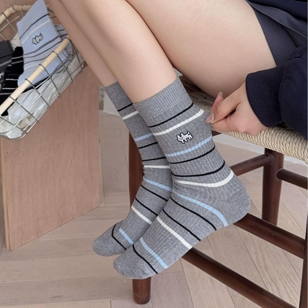 Zhuji Women's Autumn/Winter Mid-Calf Cartoon Puppy Embroidered Striped Socks