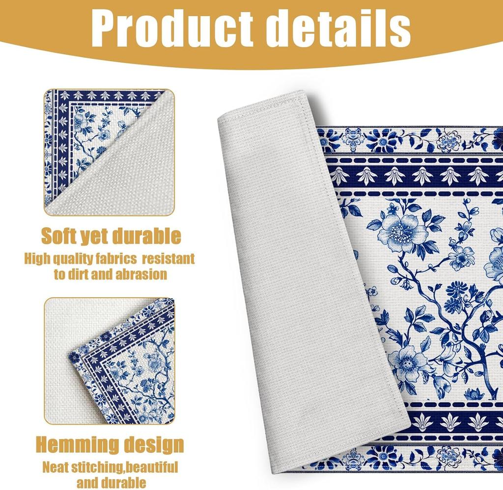Blue White Floral Placemats Set of 6, Chinoiserie Flower Linen Place Mat Washable Stain Resistant Table Mats for Farmhouse Kitchen Dining 12x18 Inch