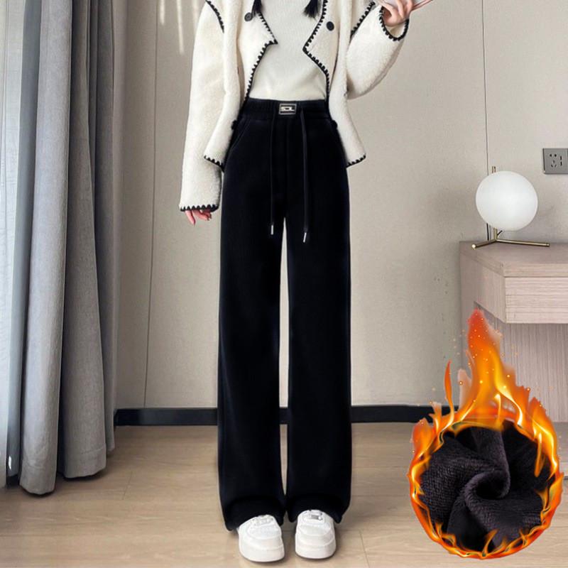 Plus Size Fleece/No-Fleece Extra Thick Lambskin Corduroy Wide-Leg Chenille Pants for Autumn/Winter