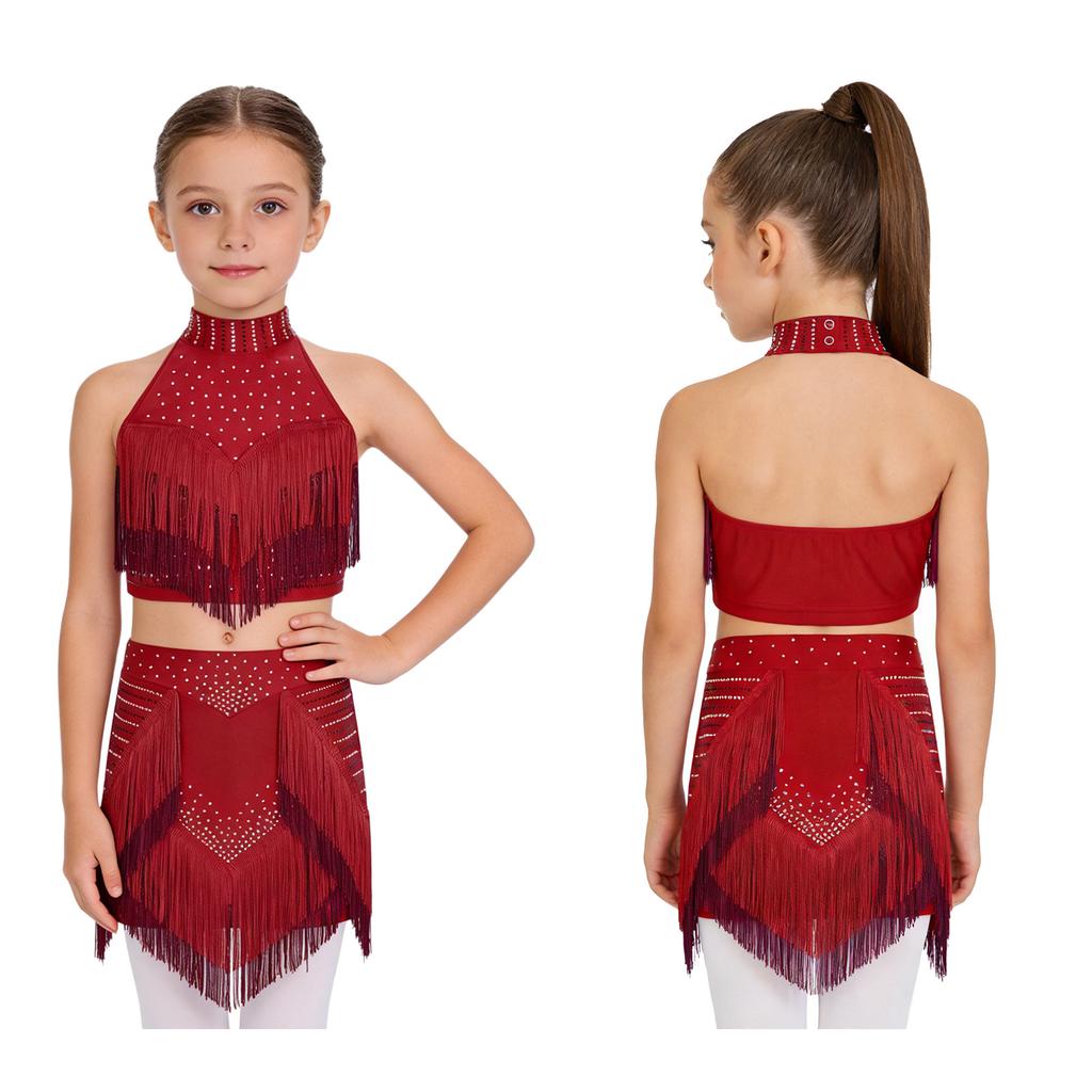Eye-Catching Latin Dance Top with Skirt for Girls: Halter Neck Rhinestone Tassel Crop Top & Attached Briefs Skirt for Recital