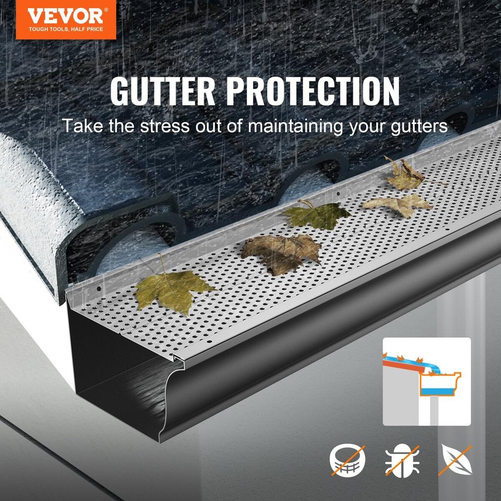 Gutter Guard, 152mm Width, Aluminum Leaf Filter DIY Gutter Cover, 26 PCS 264cm Total Length, 4mm Hole Diameter & 0.5mm Thick Raptor Gutter Guards Fits