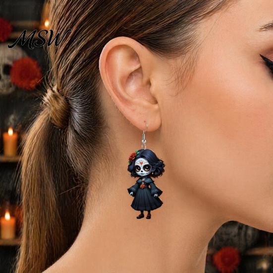Cartoon Witch Earrings Halloween Earrings, Gothic Drop Lightweight Acrylic Pendant Eye-catching Accessories for Women Girls Day of The Dead Retro Rose