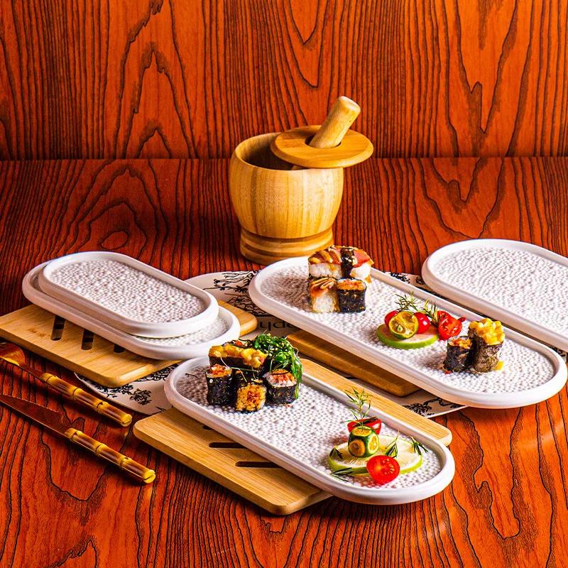 Pure White Bead Dot Texture Ceramic Sushi Plate Oval Dessert Plate Snack Plate Dim Sum Dish Molecular Cuisine Creative Tableware