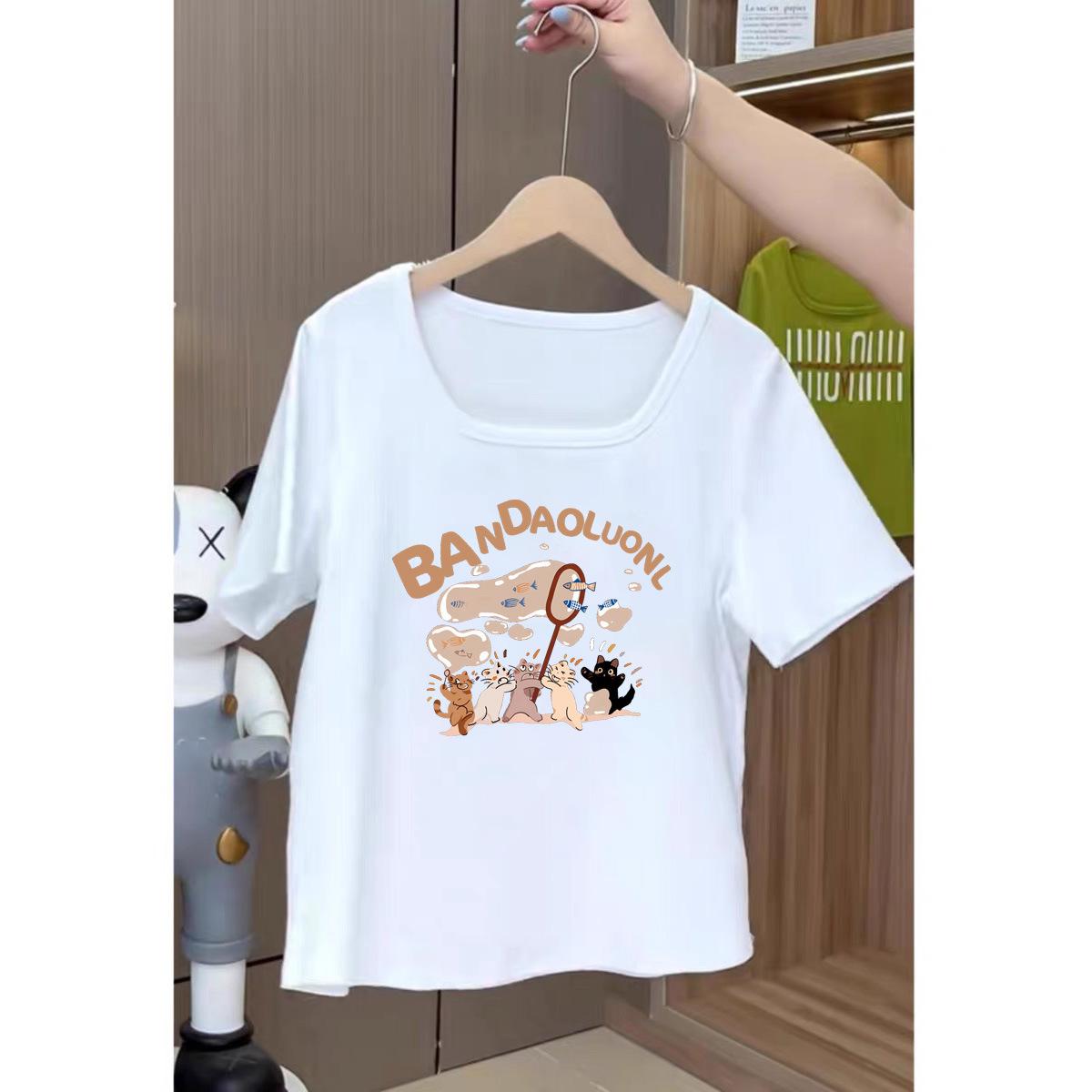 

Square collar front shoulder short-sleeved t-shirt women s 2025 new summer thin unique chic top design sense niche M [80-60kg]
