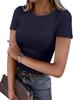 Women European Casual Slim Fit Ribbed Crew Neck Short Sleeve T Shirt