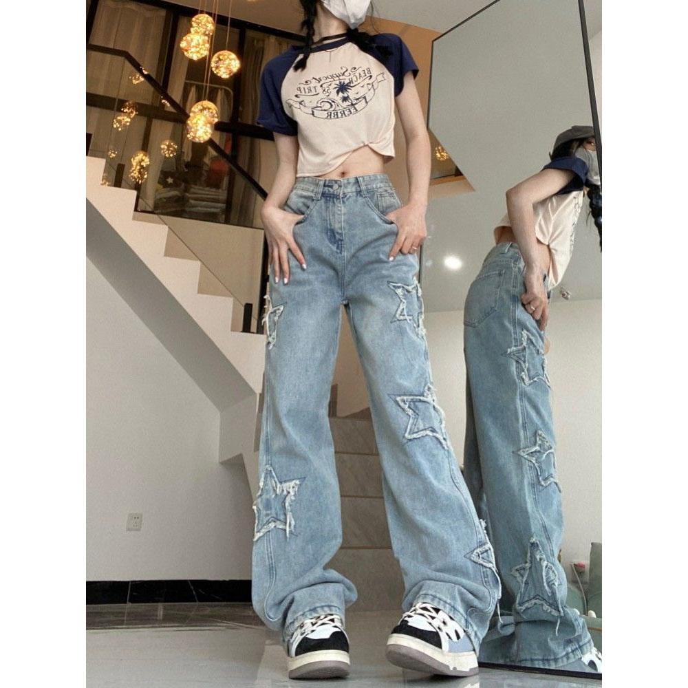 Damen Streetwear Lockere Gerade Jeanshose Übergröße Frühling und Herbst Retro-Stil Hohe Taille Einfarbig Weiter Bein Jeans